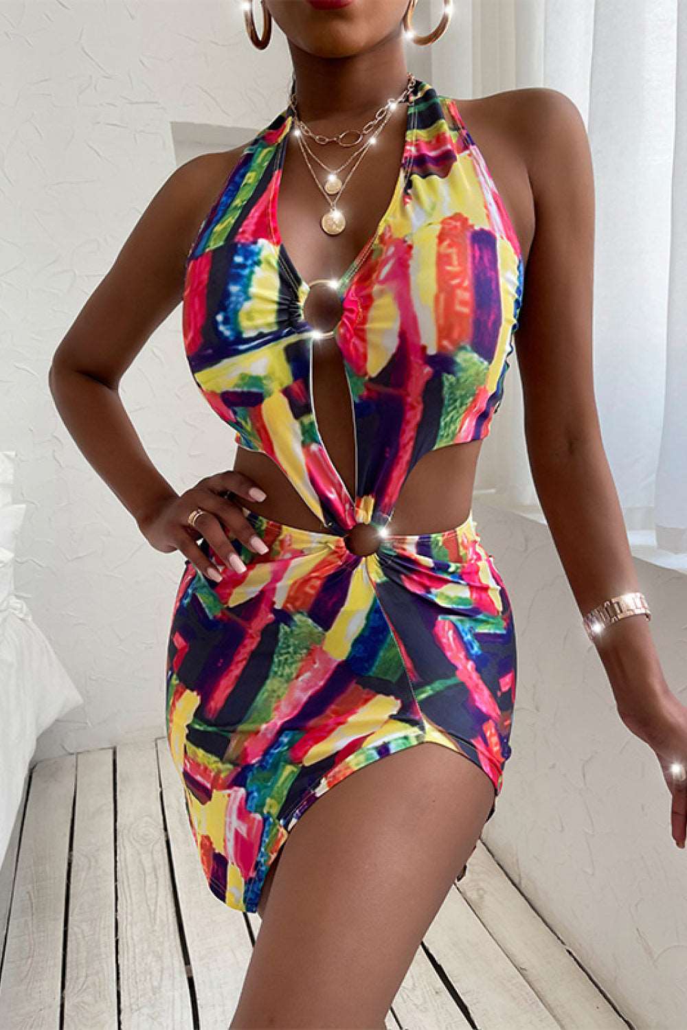 Abstract Print Cutout Ring Detail One-Piece Swimsuit