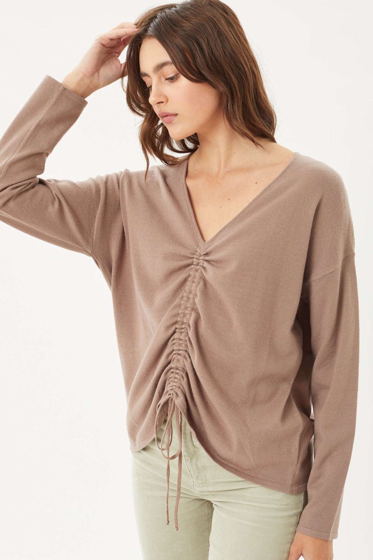 A V-neckline Drawstring Ruched Top A V-neckline Drawstring Ruched Top - M&R CORNER M&R CORNER