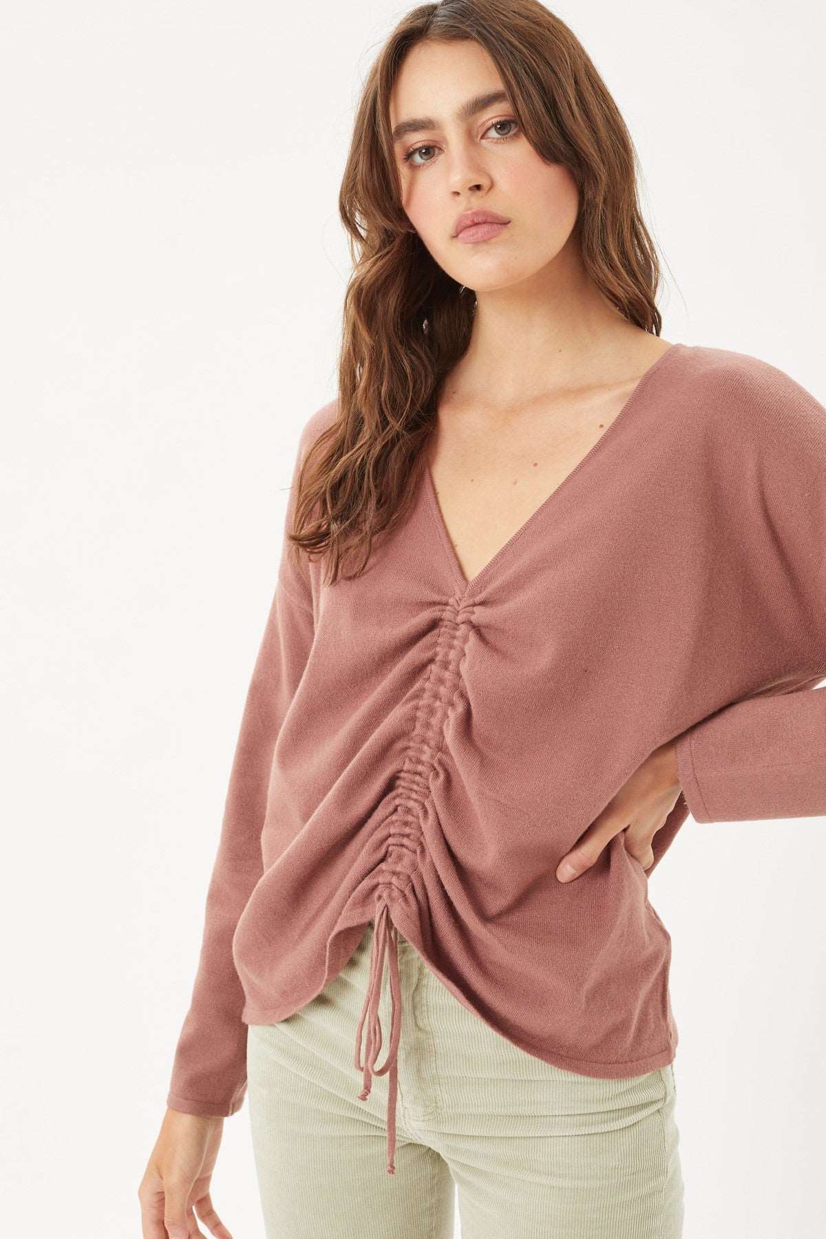 A V-neckline Drawstring Ruched Top A V-neckline Drawstring Ruched Top - M&R CORNER M&R CORNER