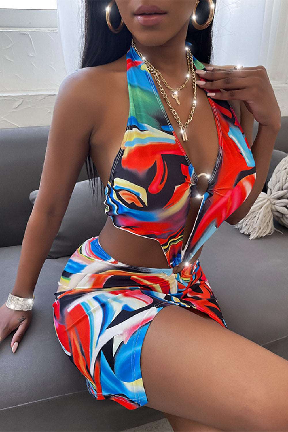 Abstract Print Cutout Ring Detail One-Piece Swimsuit