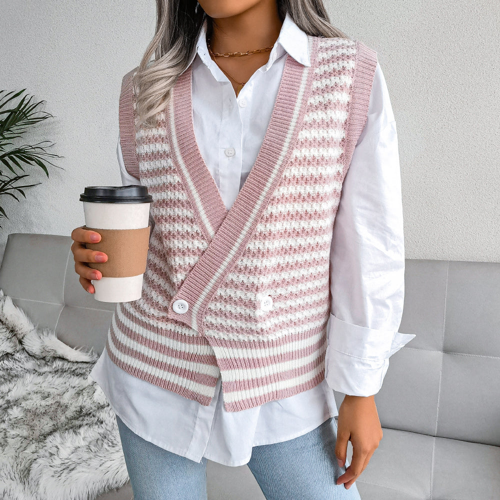 Striped Ribbed Trim Double-Breasted Sweater Vest