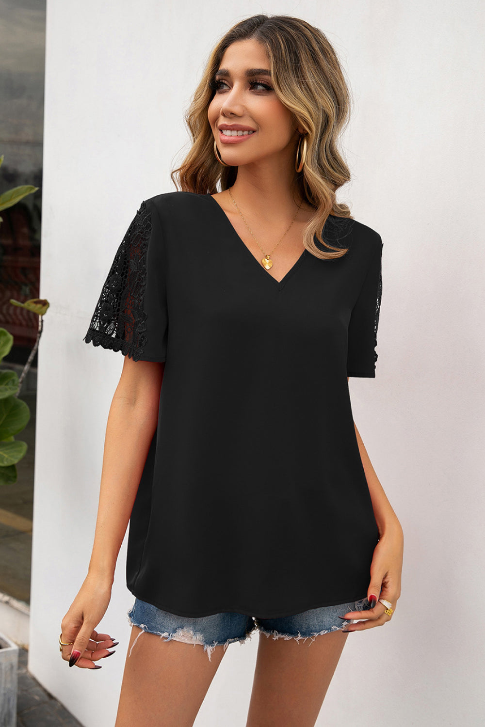 Lace Trim V-Neck Short Sleeve Blouse Lace Trim V-Neck Short Sleeve Blouse - M&R CORNER Trendsi Black / S