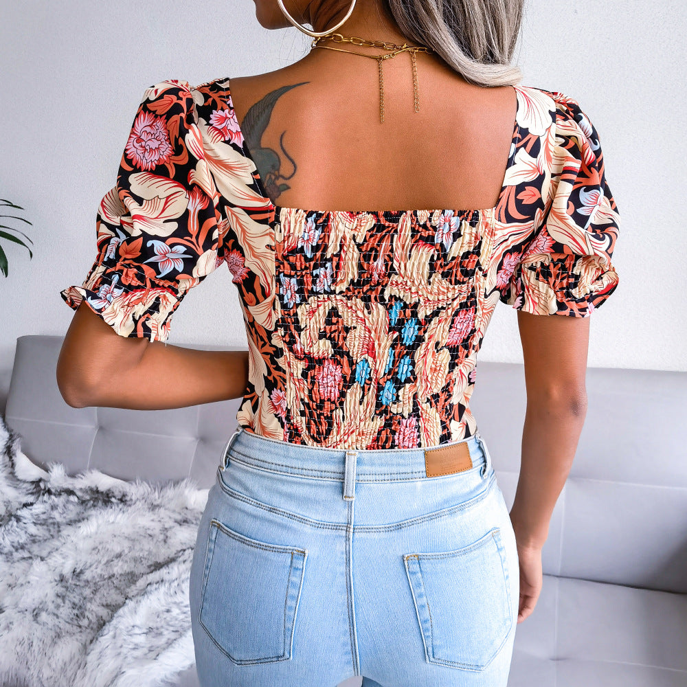 Baroque Floral Puff Sleeve Sweetheart Neck Blouse