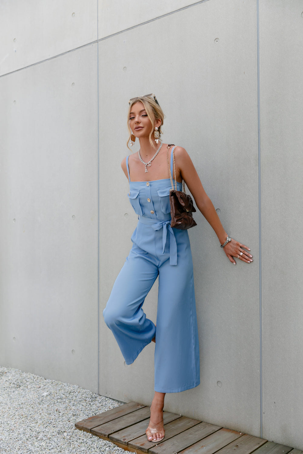 Button Front Spaghetti Strap Wide Leg Jumpsuit