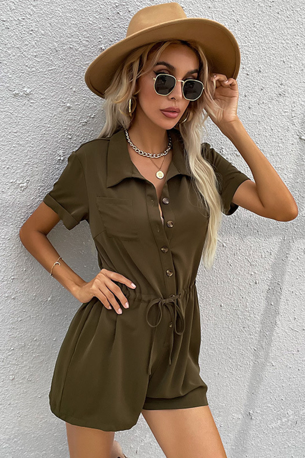 Tie Waist Button Down Collared Romper