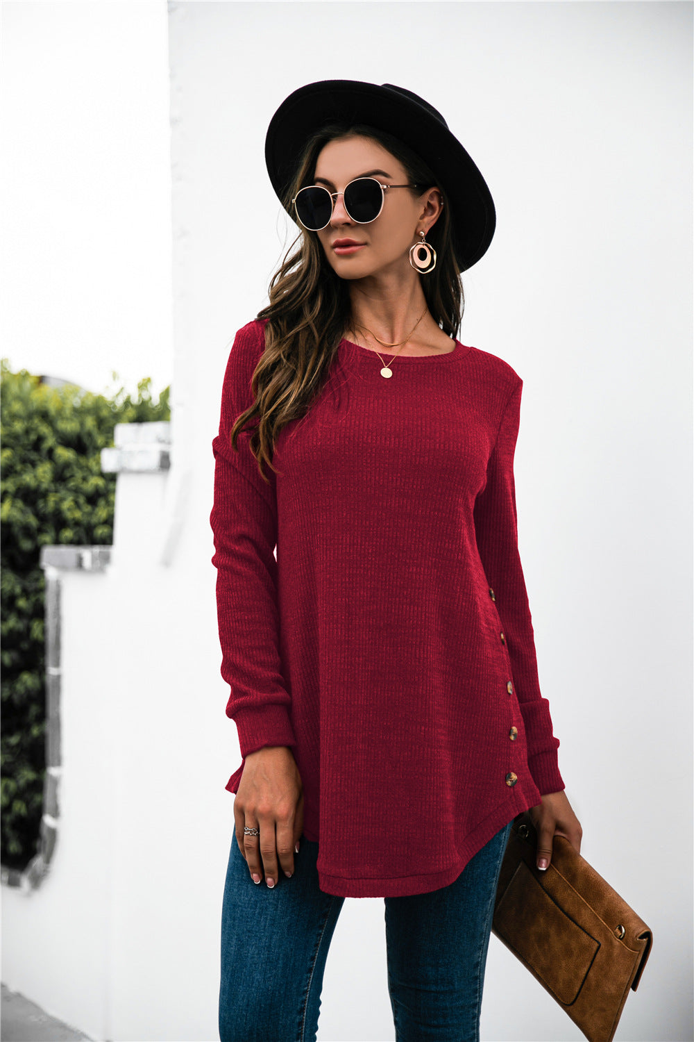 Side Button Curve Hem Knitted Top