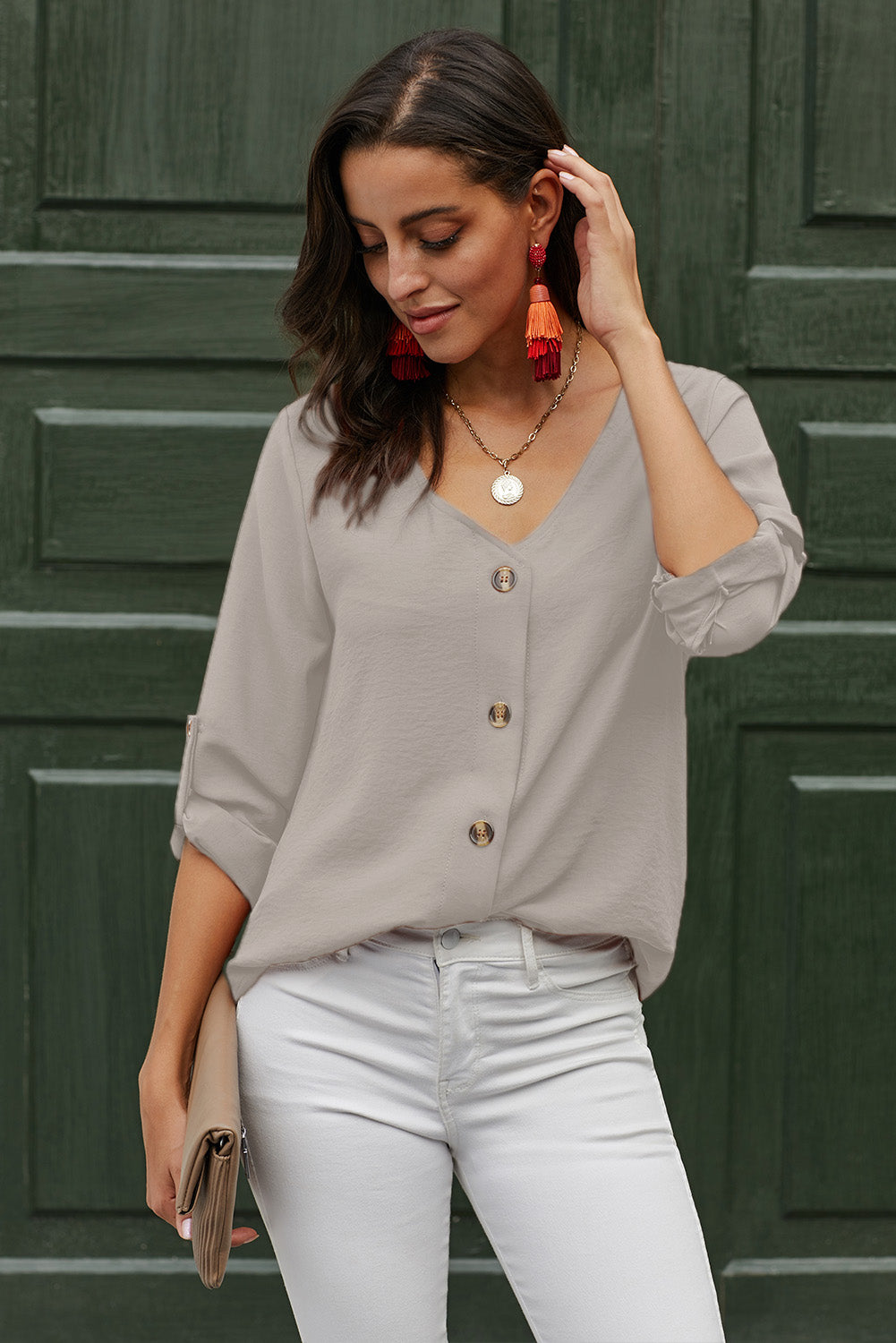 White Button Detail Roll Up Sleeve Blouse