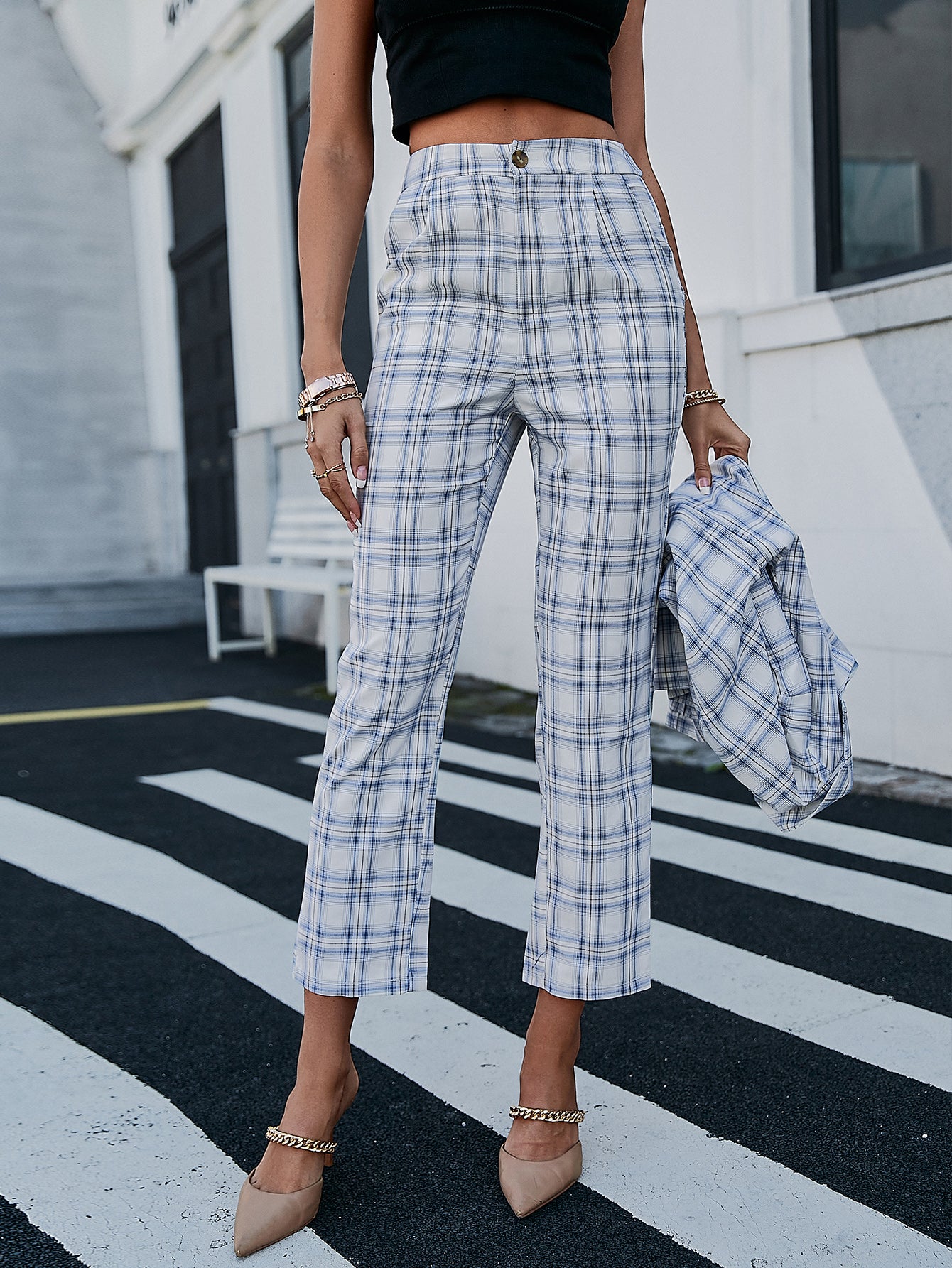 Plaid Cropped Pants with Side Pockets
