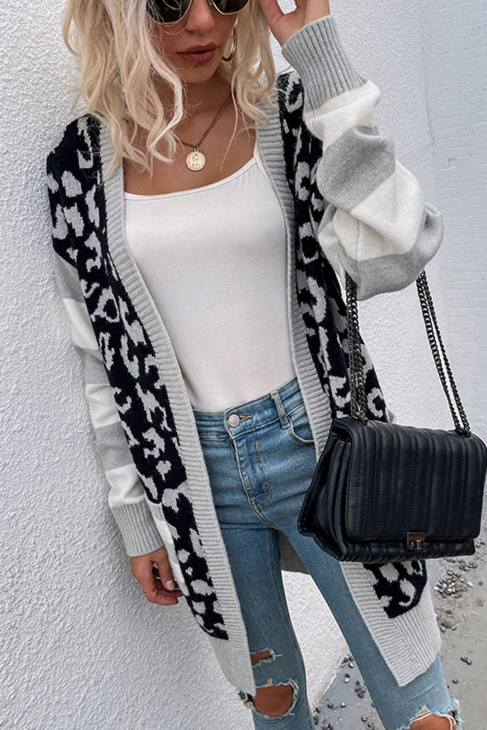 Mixed Print Open Front Sweater with Pockets