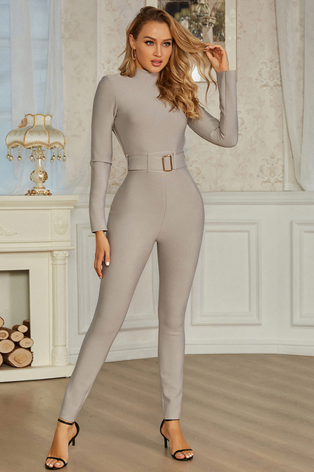 Belted Cutout Mock Neck Jumpsuit