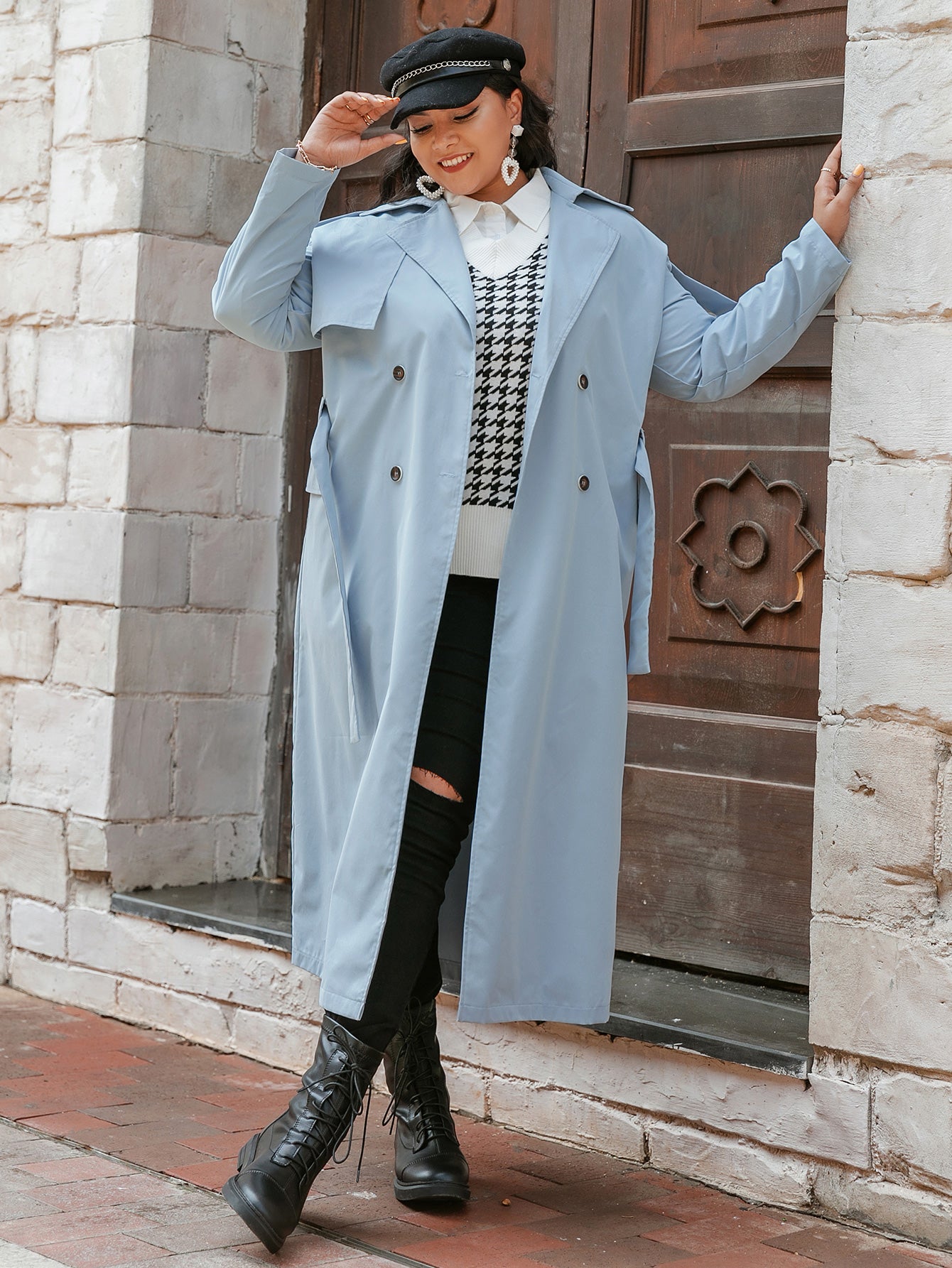 Plus Size Double-Breasted Long Sleeve Trench Coat