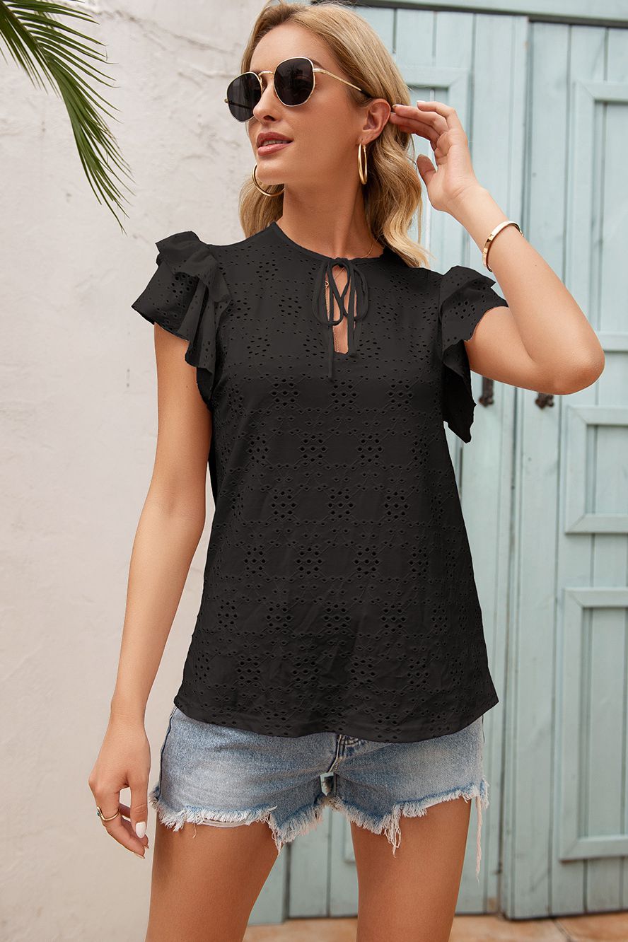Eyelet Embroidery Tie-Neck Top