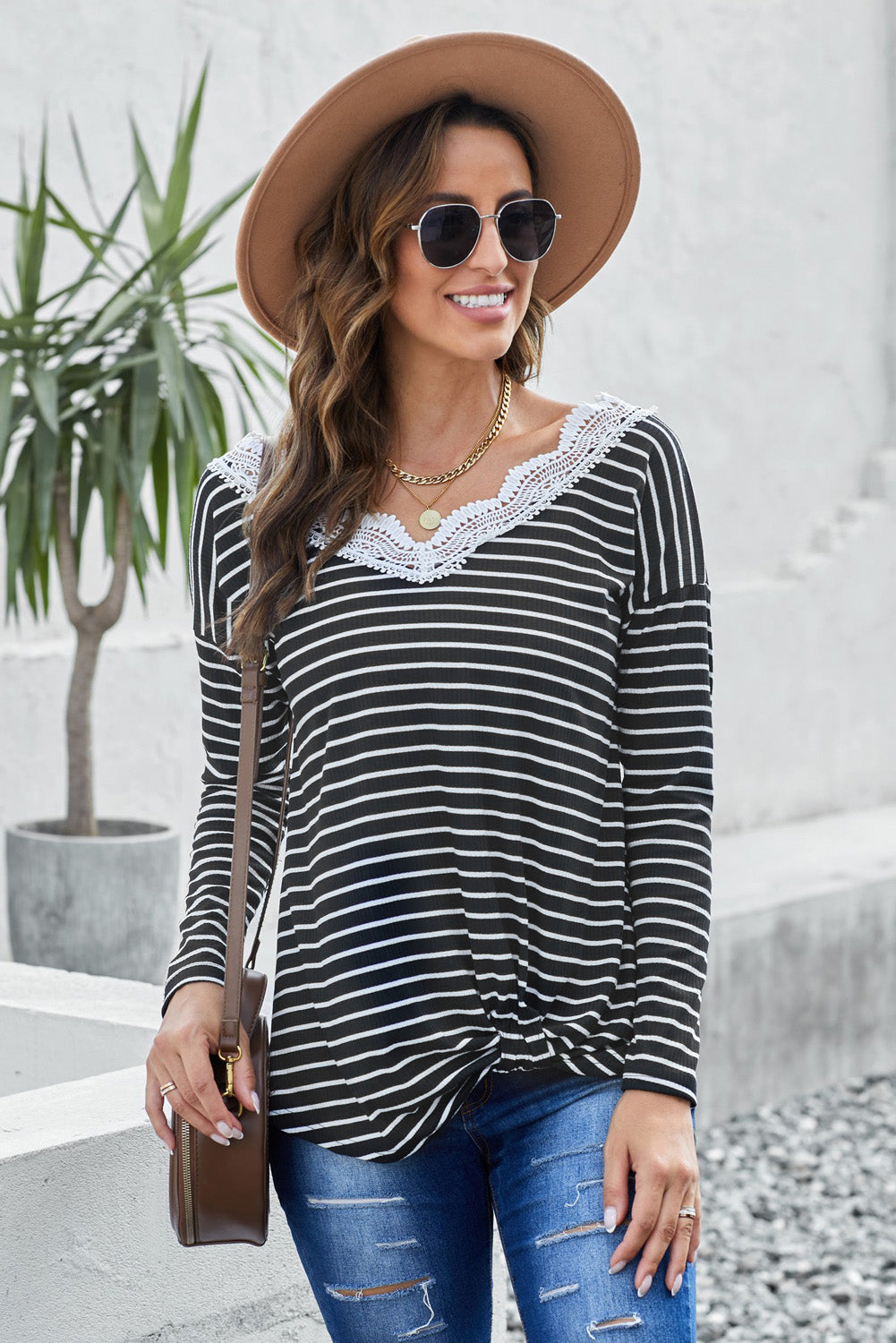Striped Lace Neckline Long Sleeve Top