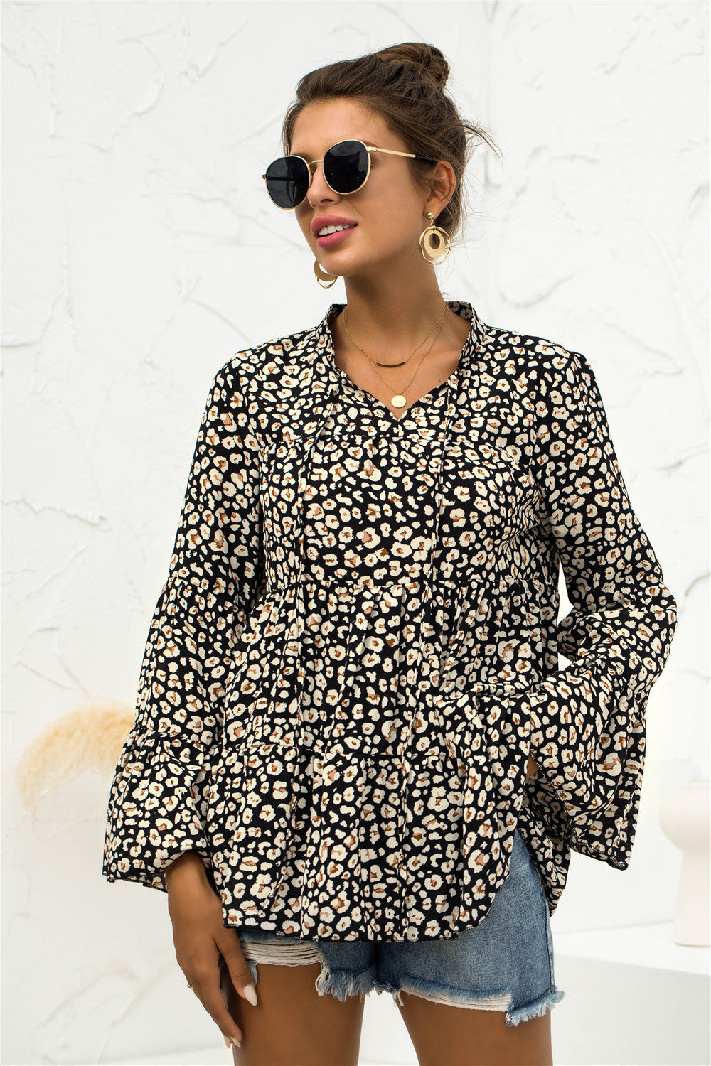 Leopard Flare Sleeve Layered Smock Top
