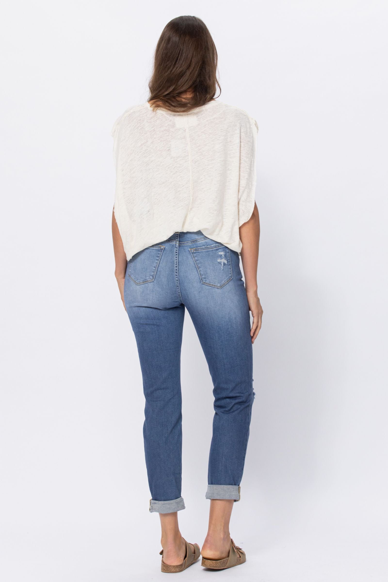 Judy Blue Mid Rise Cuffed Distressed Jeans Judy Blue Mid Rise Cuffed Distressed Jeans - M&R CORNER Trendsi