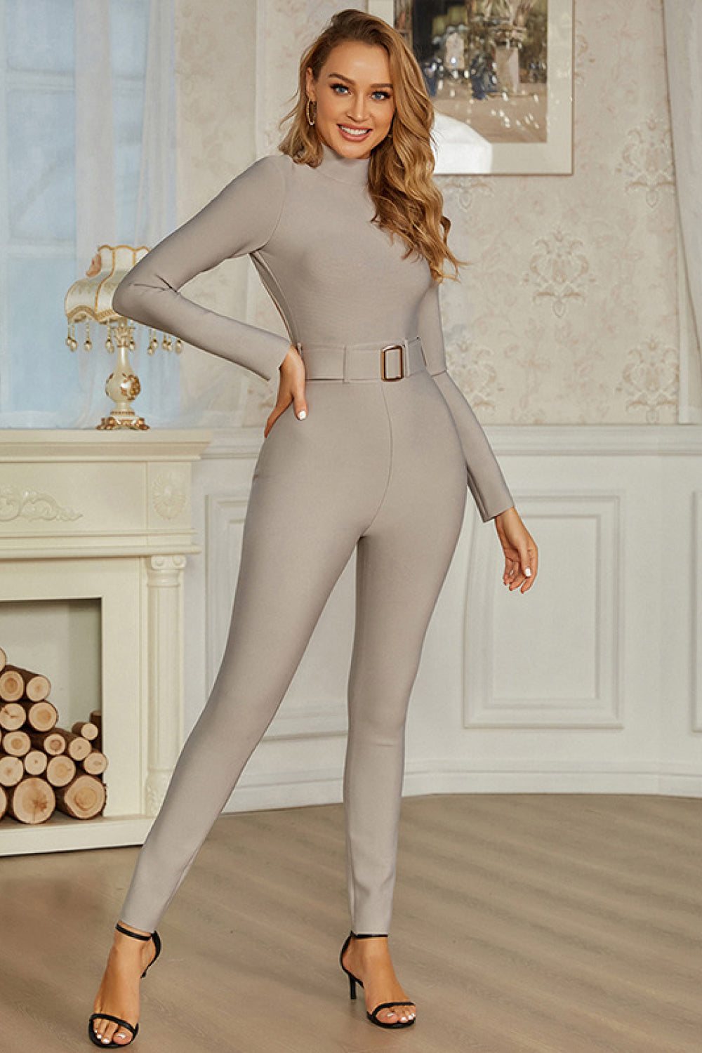 Belted Cutout Mock Neck Jumpsuit