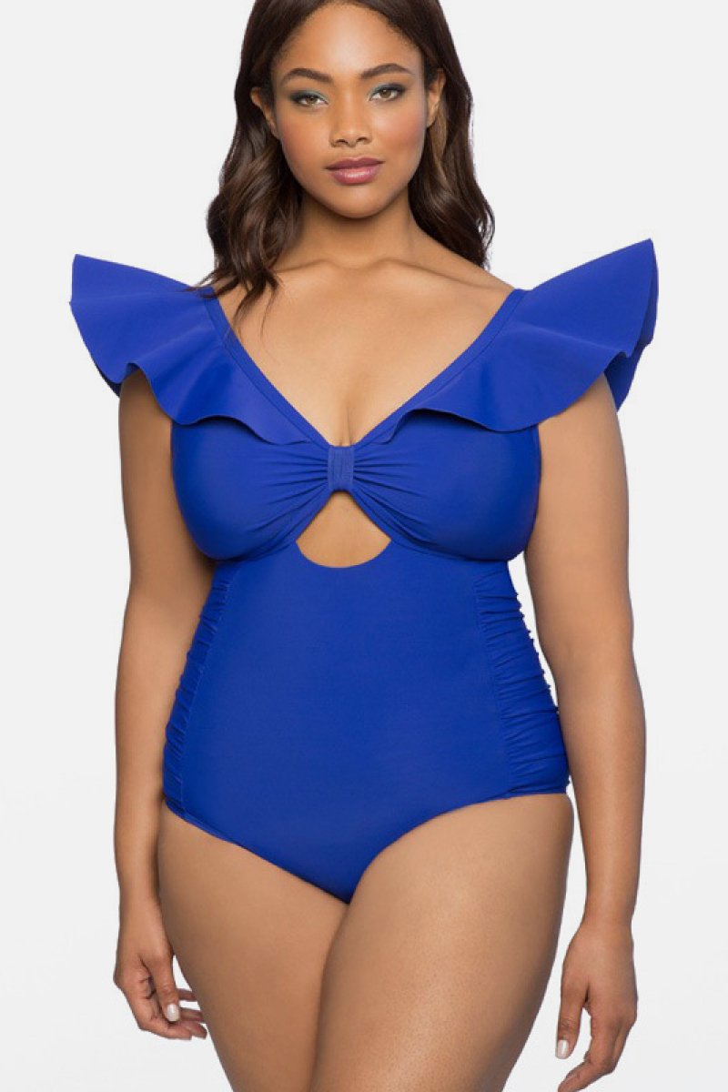Ruffle Shoulder Cutout Swimwear Ruffle Shoulder Cutout Swimwear - M&R CORNERSwimsuit M&R CORNER Blue / 1X