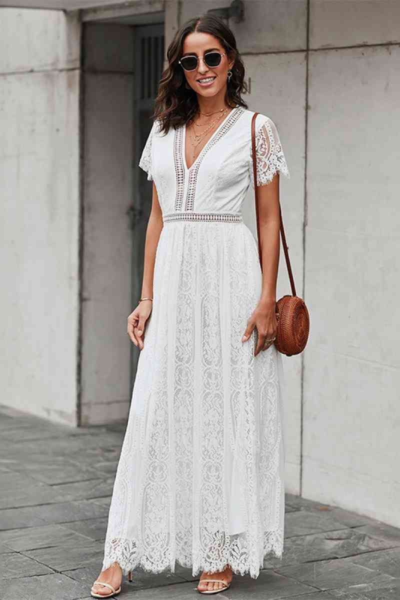 Lace Hollow-Out V Neck Maxi Dress