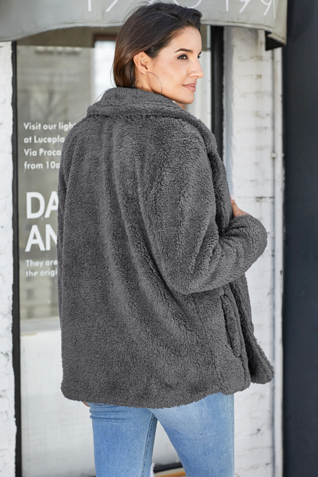 Fleece Open Front Coat with Pockets