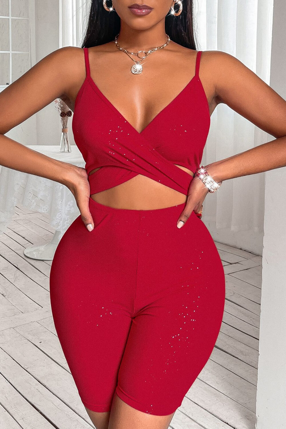 Crisscross Spaghetti Strap Cutout Ribbed Romper