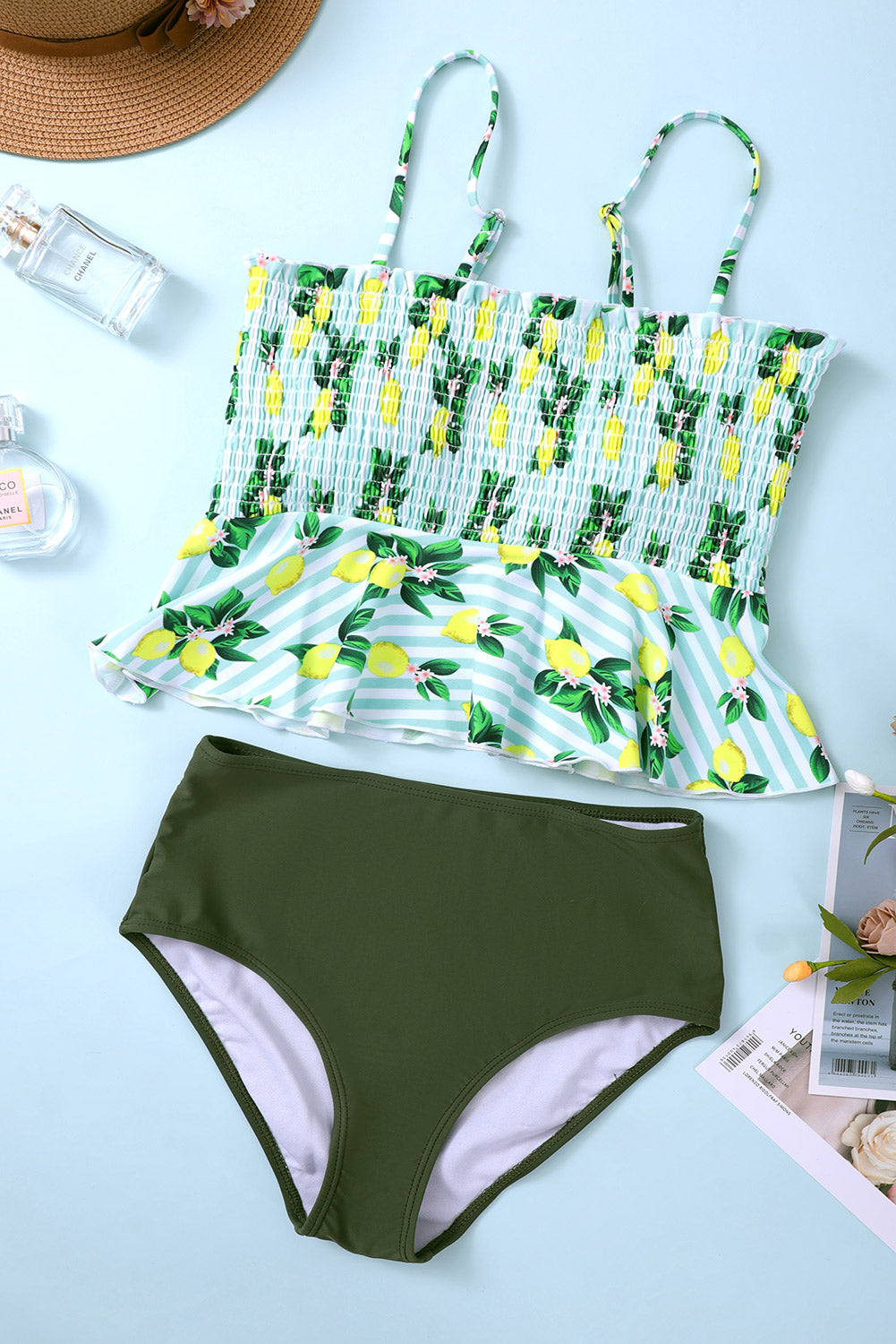 Lemon Print Peplum Smocked Bikini Set