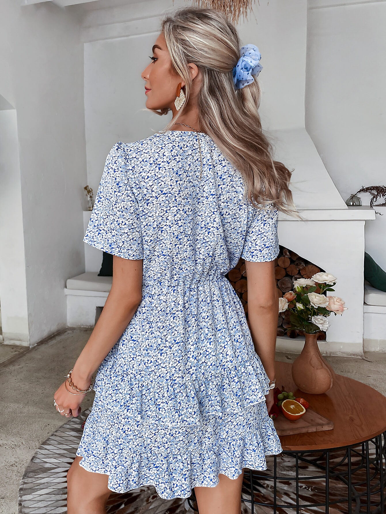 Ditsy Floral Bow Detail Layered Dress