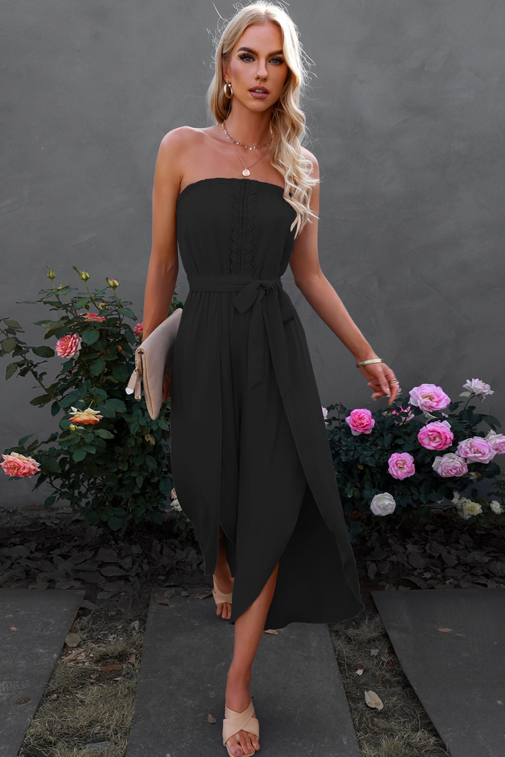 Lace Trim Tie-Waist Strapless Cropped Jumpsuit