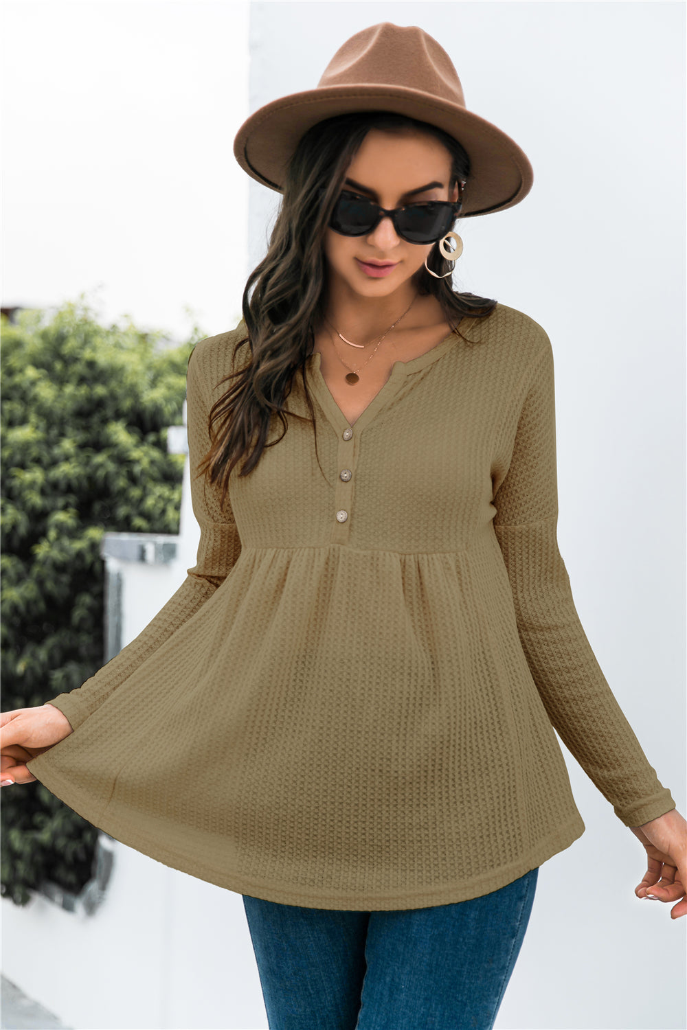 Button Front Waffle Knit Babydoll Top Button Front Waffle Knit Babydoll Top - M&R CORNER Trendsi Army Green / S