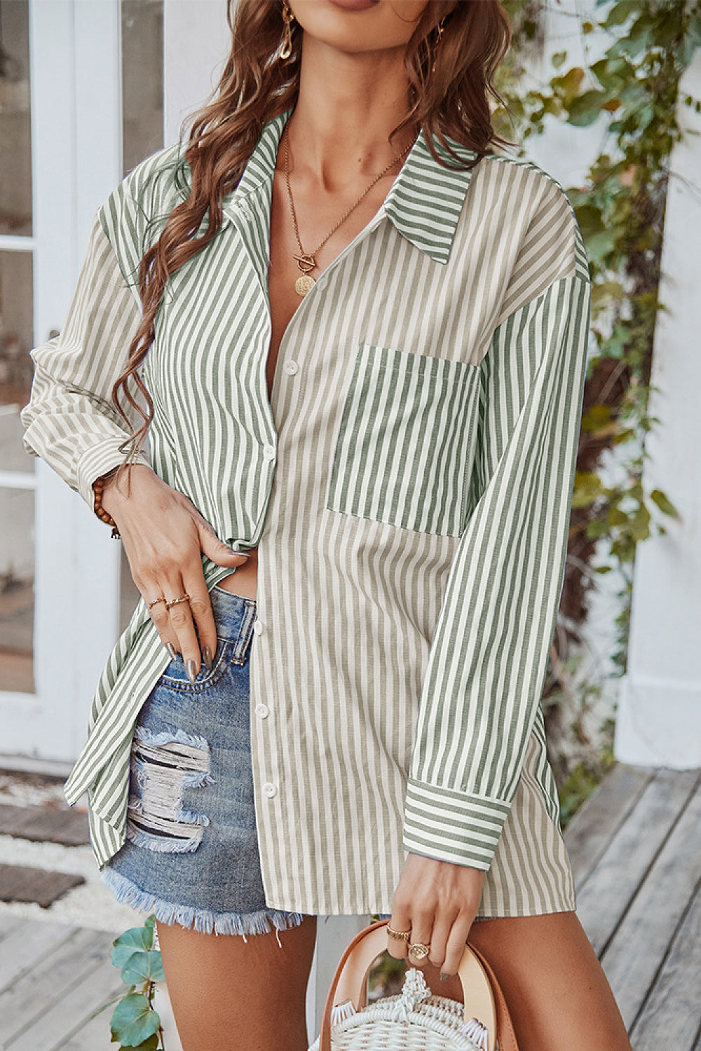 Vertical Stripes Button Down Shirt with Pocket Vertical Stripes Button Down Shirt with Pocket - M&R CORNER Trendsi Green Stripe / S