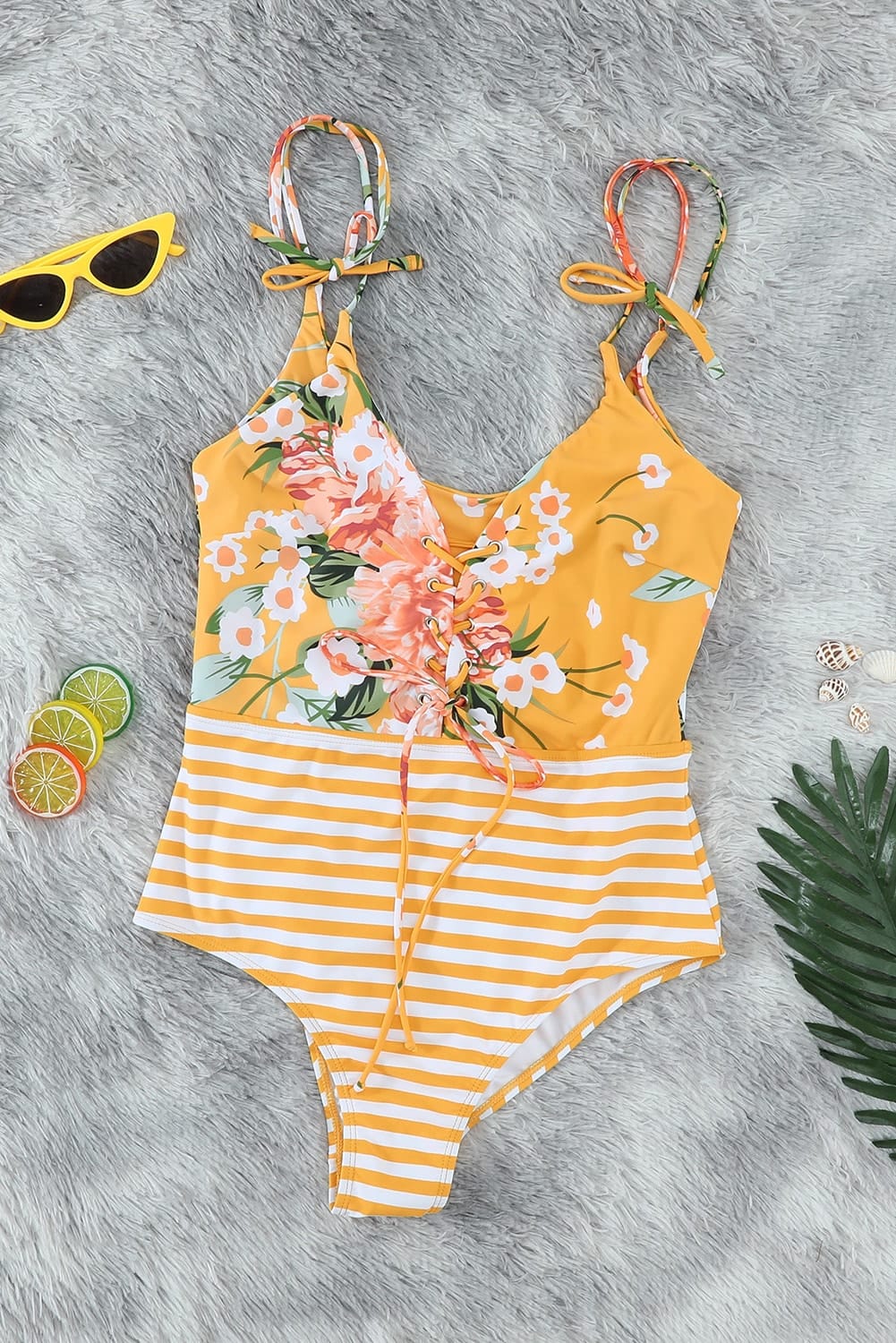 Mixed Print Lace-Up One-Piece Swimsuit