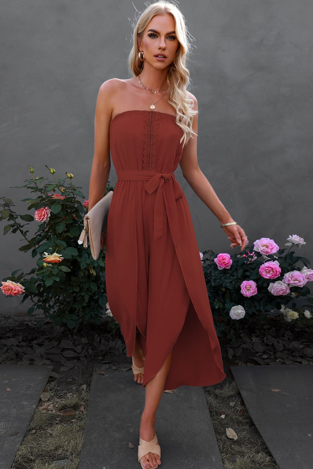 Lace Trim Tie-Waist Strapless Cropped Jumpsuit