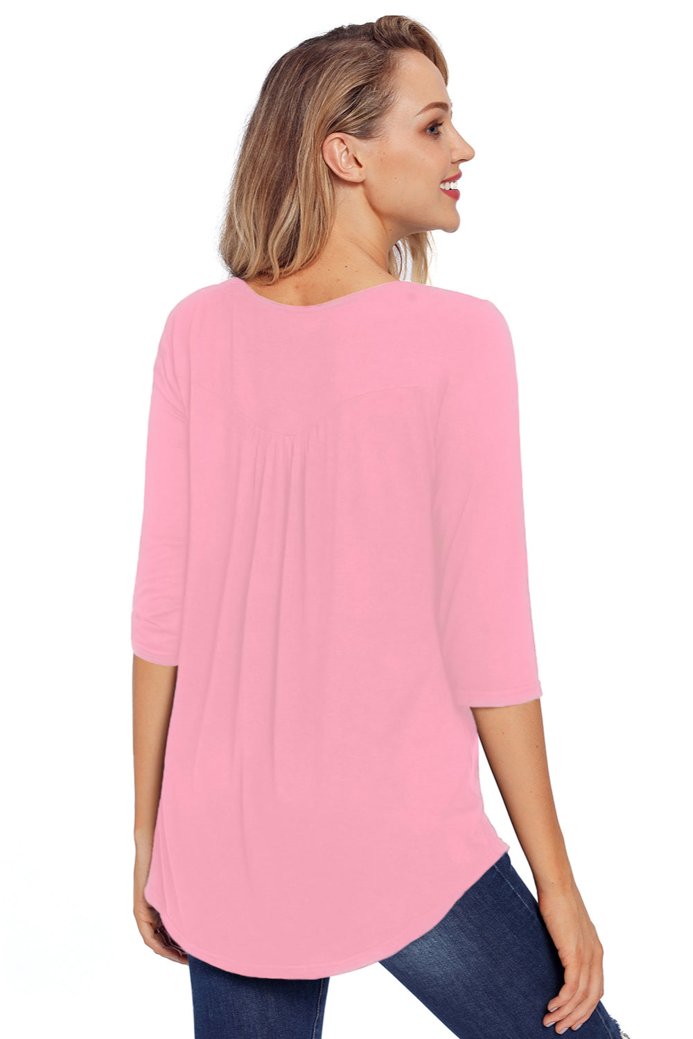 Scoop Neck Pleated Half Button Front Blouse