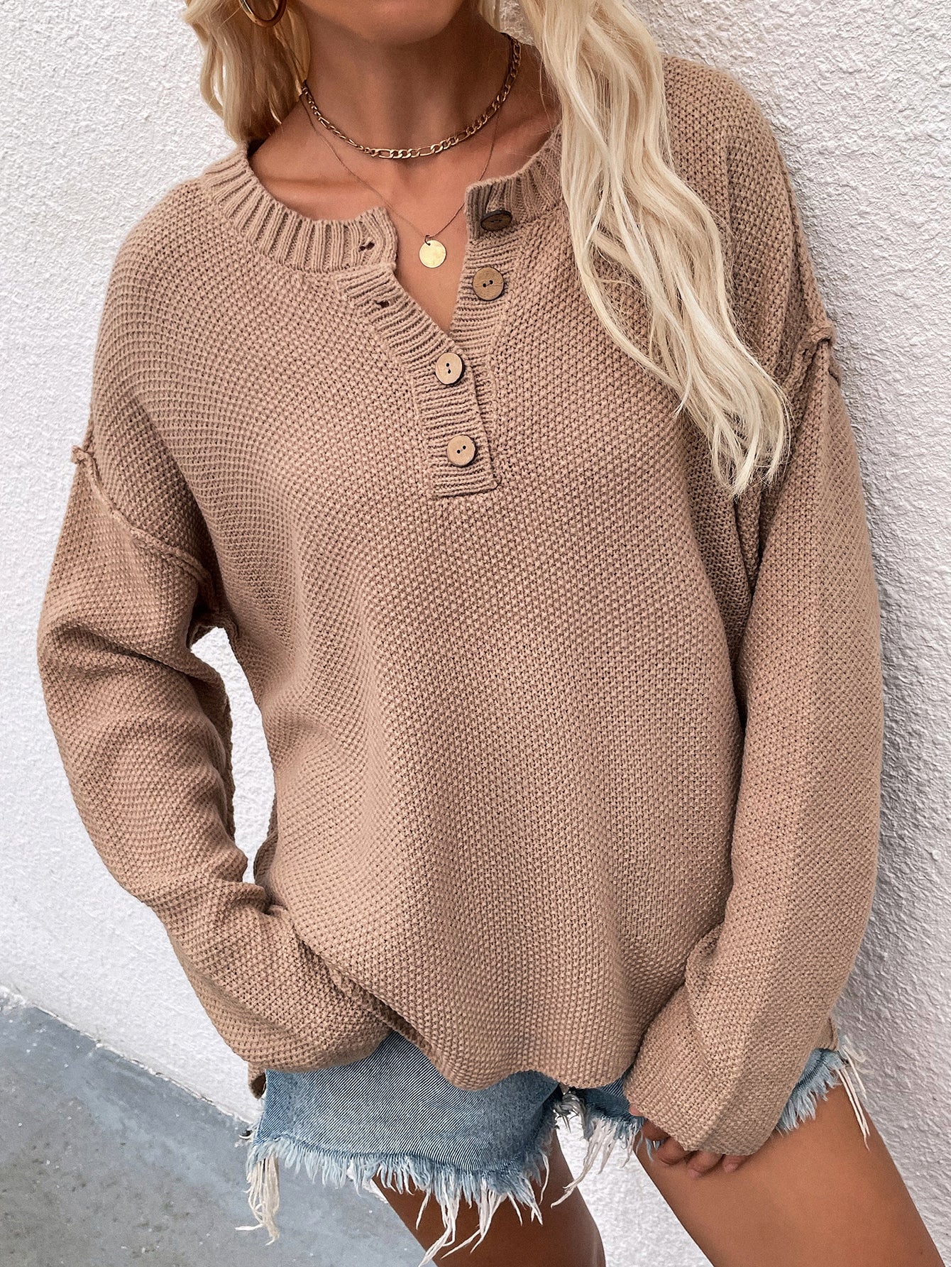 Buttoned Exposed Seam High-Low Sweater Buttoned Exposed Seam High-Low Sweater - M&R CORNER M&R CORNER