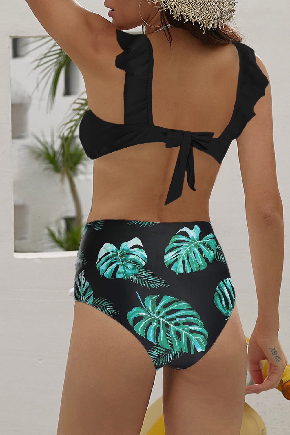 Ruffle Top Printed Bottom Bikini Set