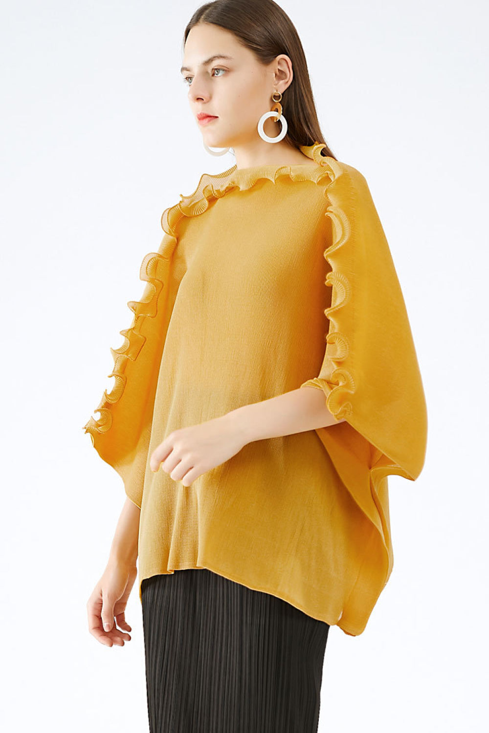 Accordion Pleated Ruffle Collar Dolman Sleeve Top (Belt Not Included)