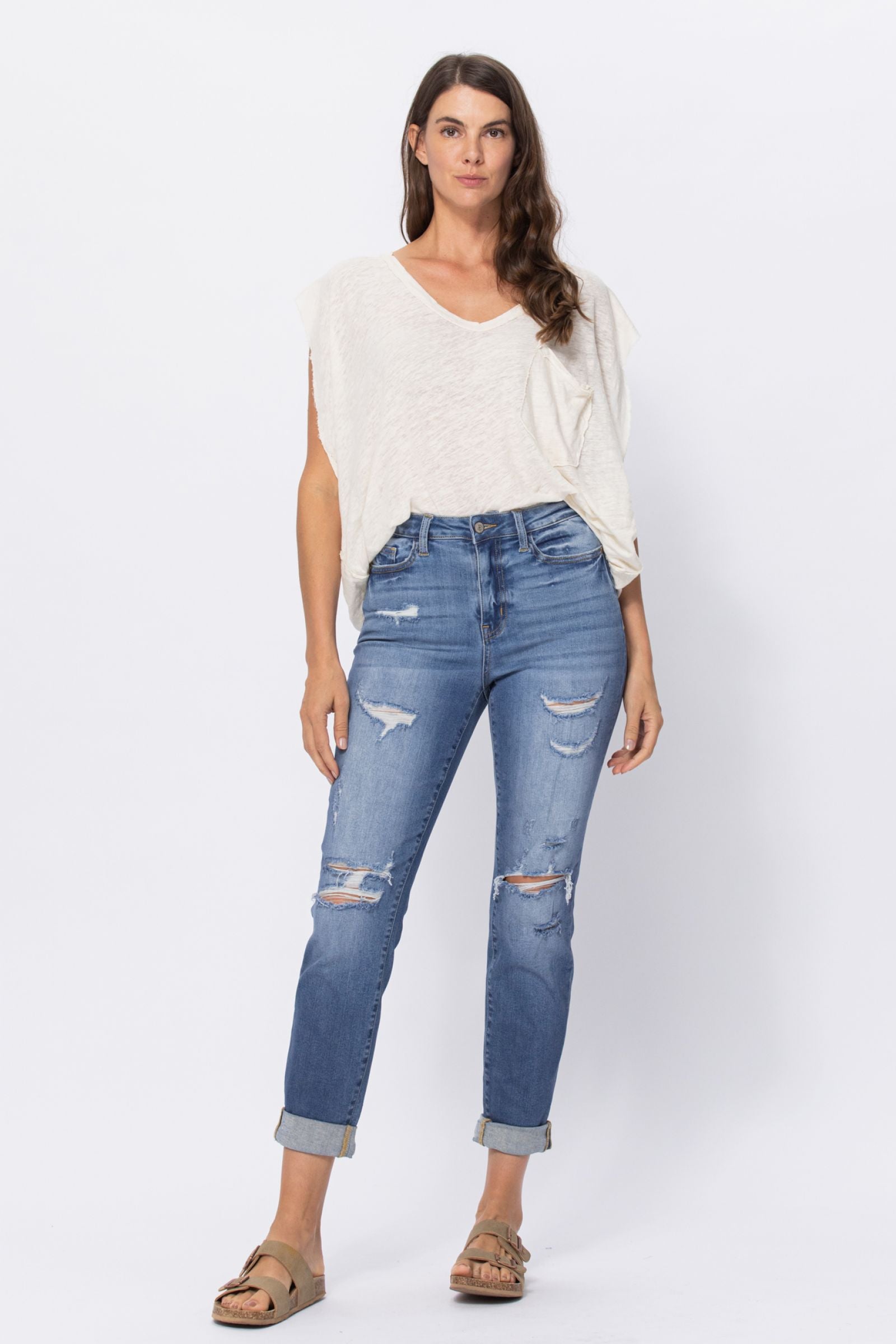 Judy Blue Mid Rise Cuffed Distressed Jeans Judy Blue Mid Rise Cuffed Distressed Jeans - M&R CORNER Trendsi