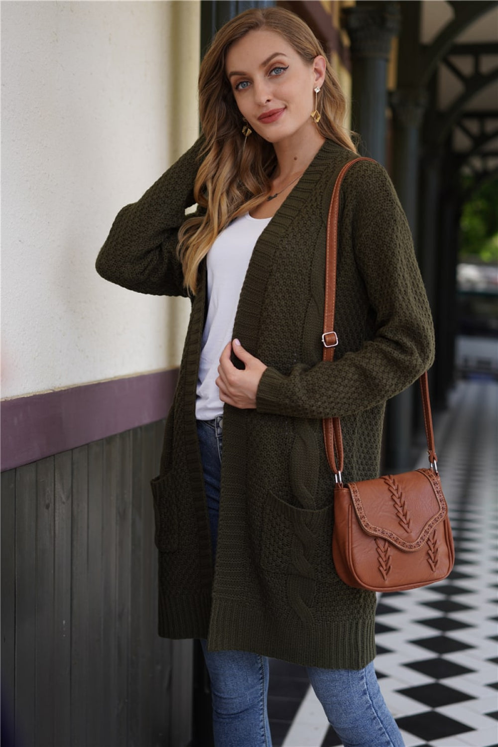 Cable-Knit Open Front Longline Sweater Cardigan
