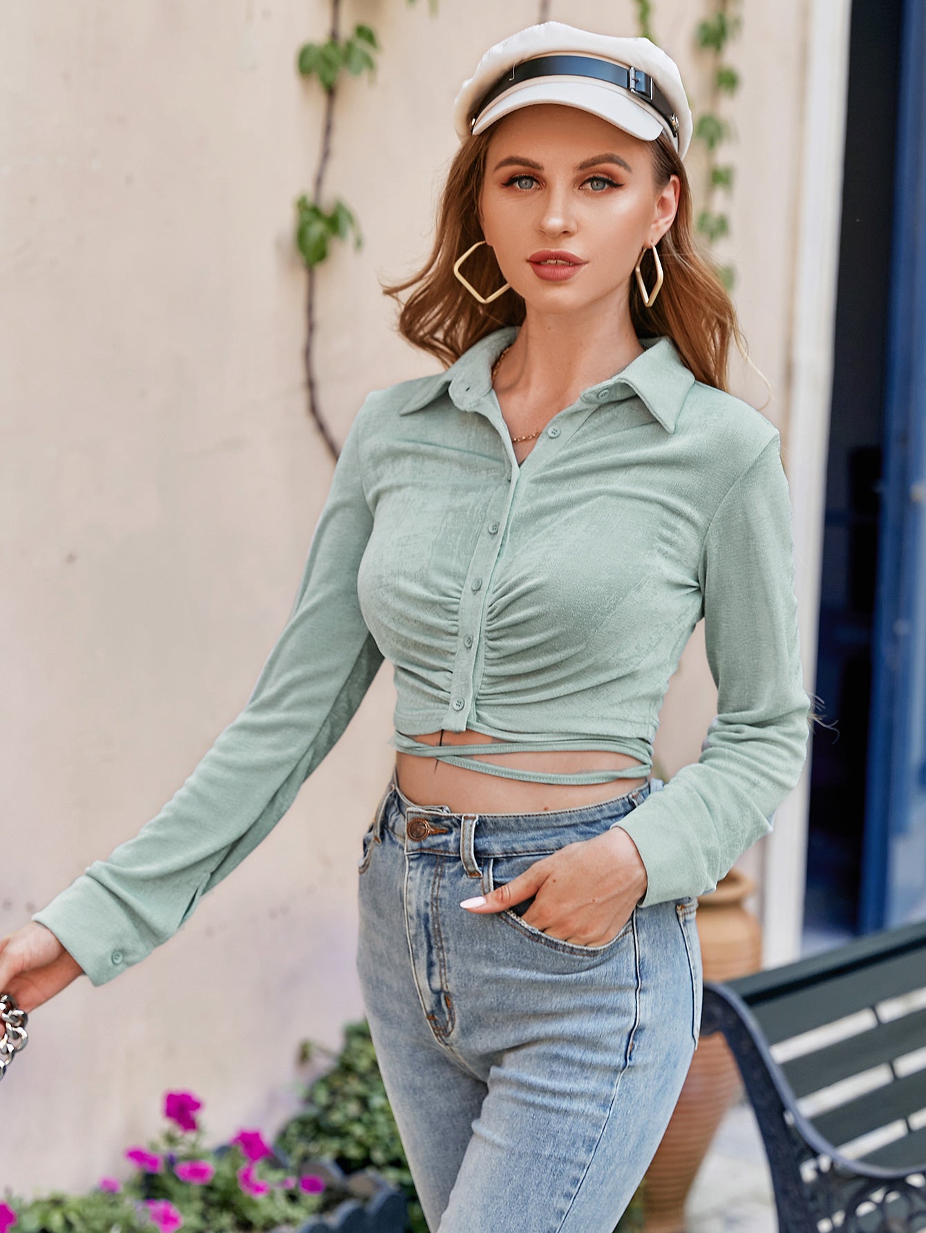 Tie Back Ruched Cropped Shirt