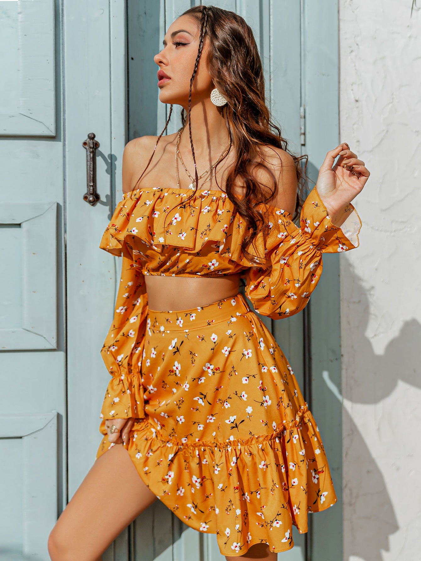 Printed Off-Shoulder Top and Tiered Skirt Set