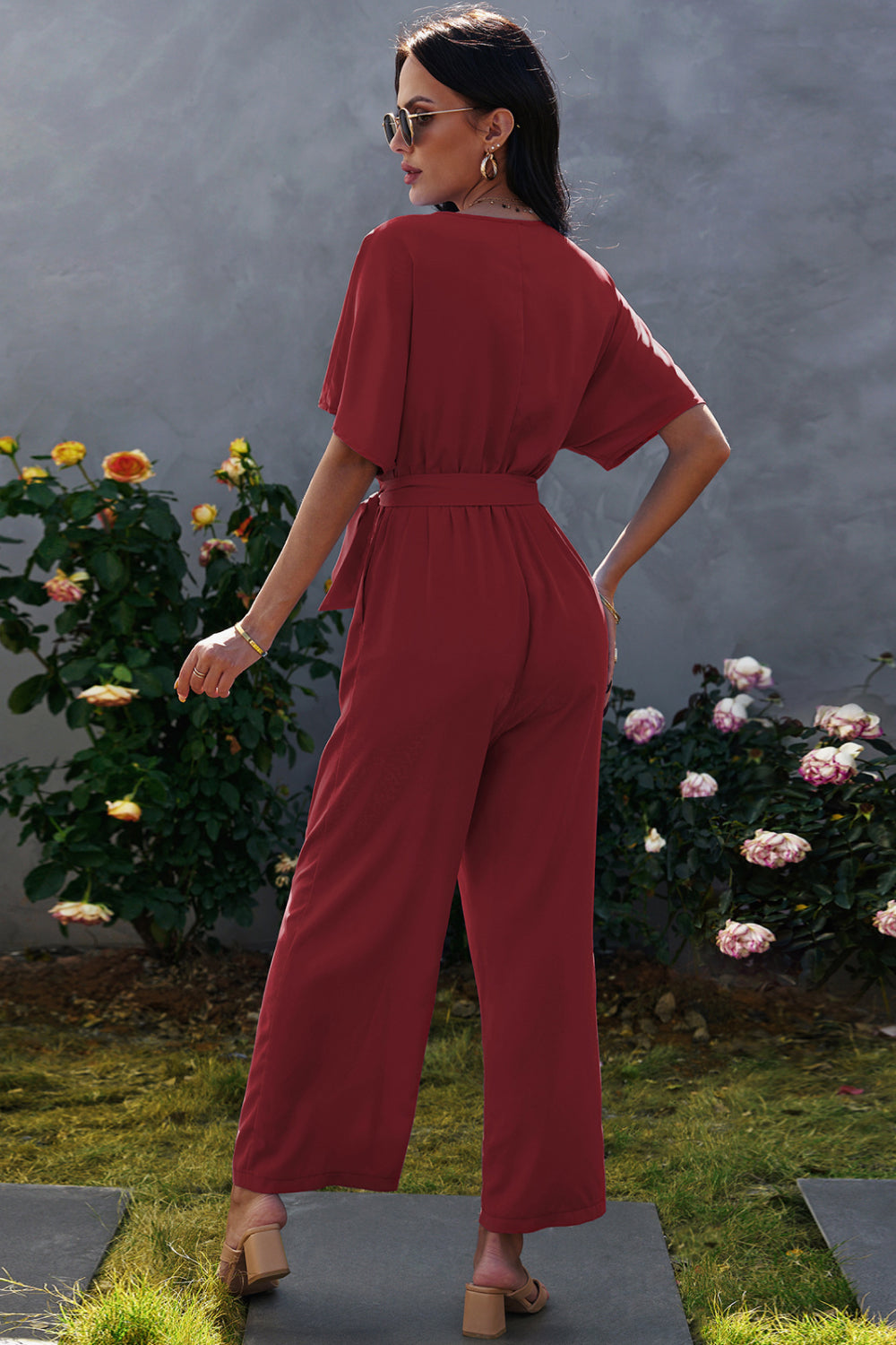 Tie-Waist Surplice Wide Leg Jumpsuit