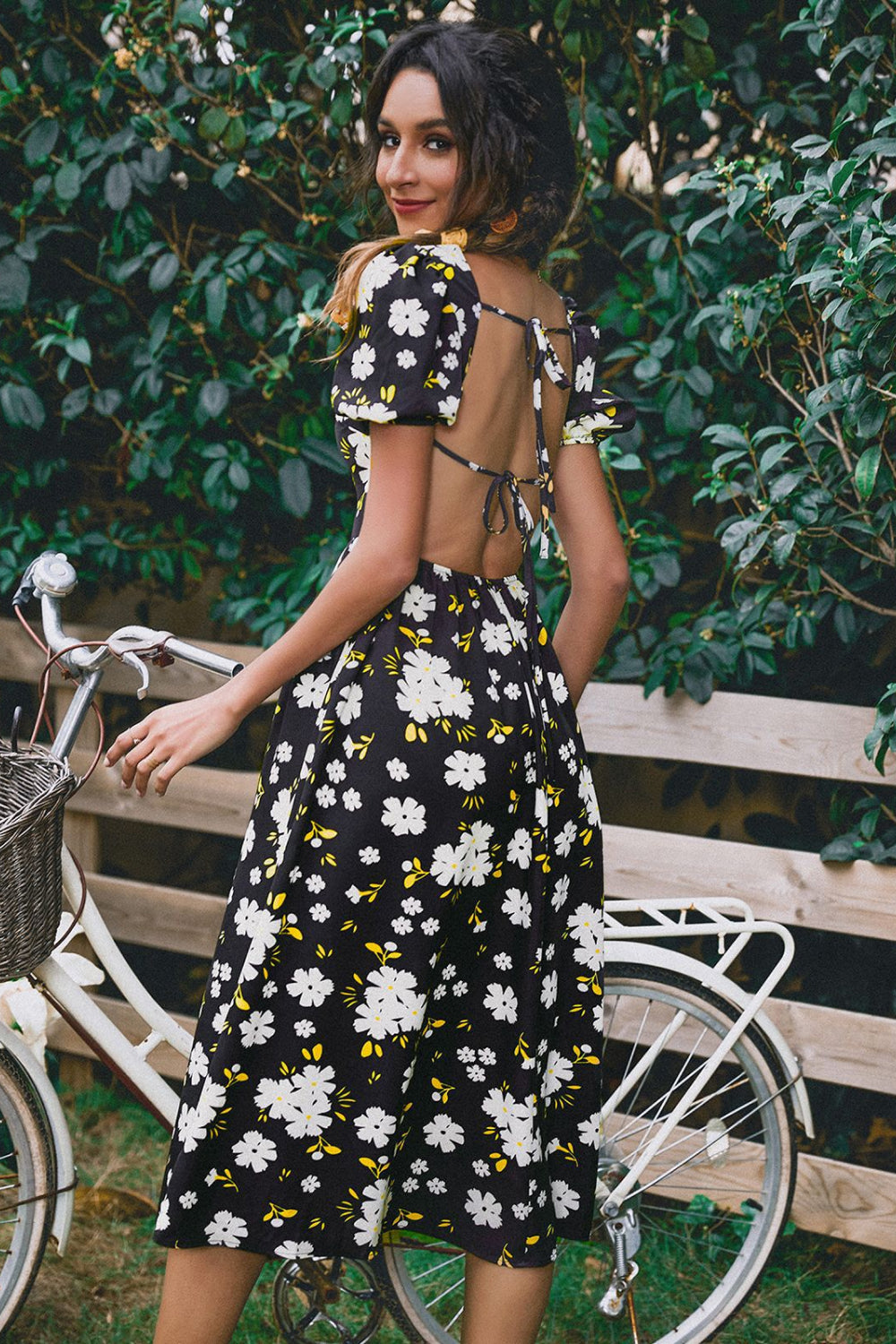 Floral Puff Sleeve Backless Square Neck Midi Dress