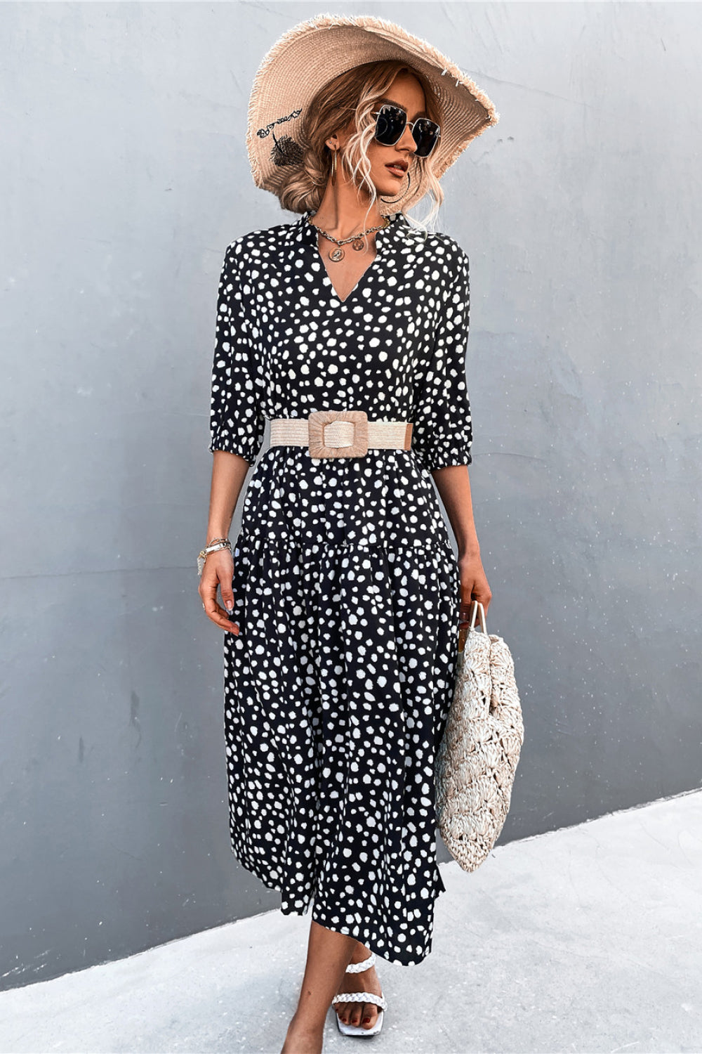 Printed Notched Neck Tiered Midi Dress