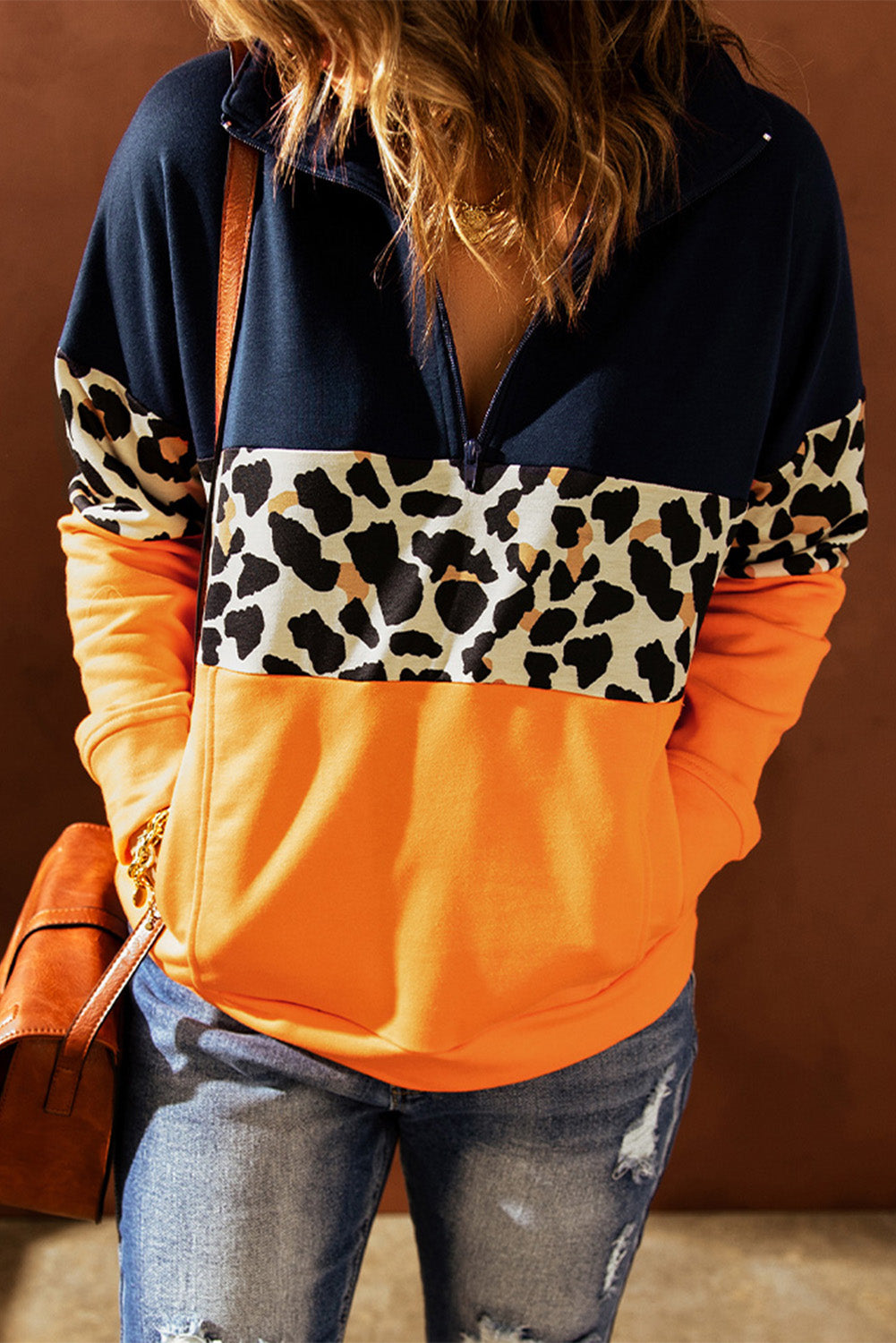 Leopard Color Block Quarter Zip Sweatshirt