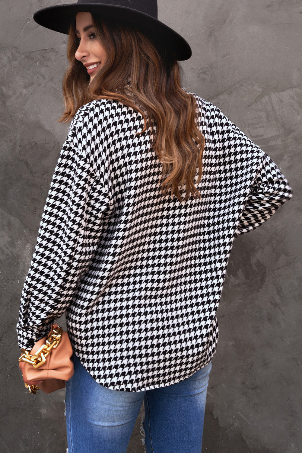 Houndstooth Print Button Front Shirt Jacket