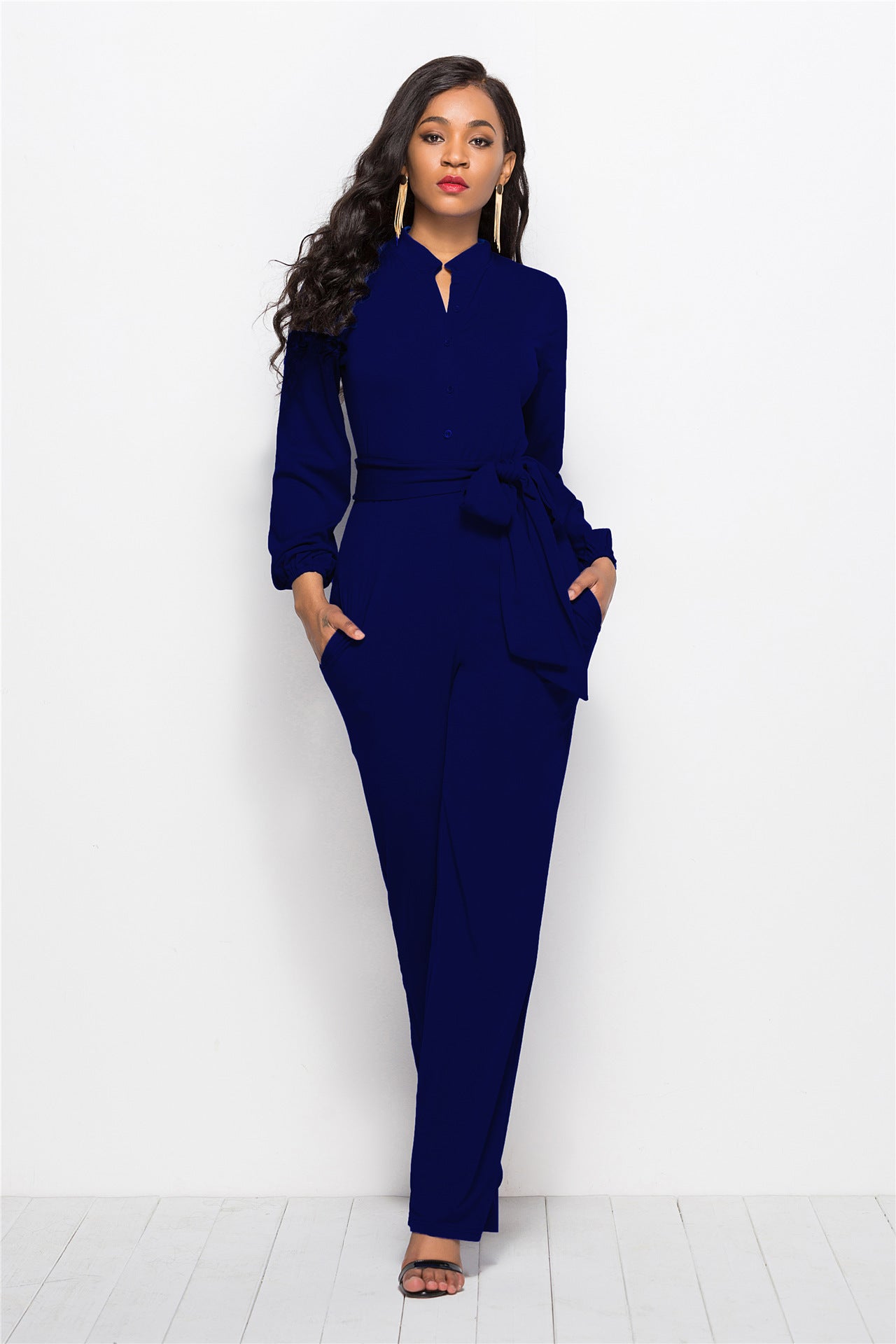 Collared Neck Button Belted Jumpsuit