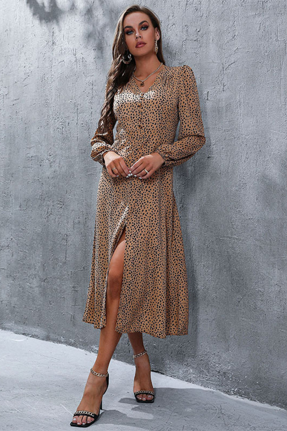 Leopard Print Bubble Sleeve Front Slit Midi Dress