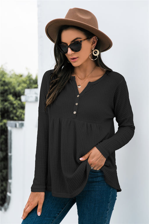 Button Front Waffle Knit Babydoll Top Button Front Waffle Knit Babydoll Top - M&R CORNER Trendsi Black / S