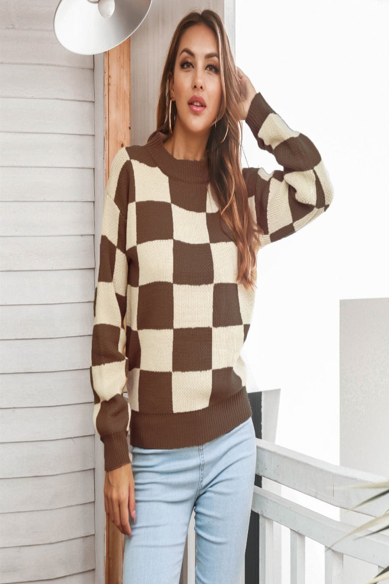 Checkered Two-Tone Dropped Shoulder Crewneck Sweater Checkered Two-Tone Dropped Shoulder Crewneck Sweater - M&R CORNERsweater M&R CORNER Brown / S