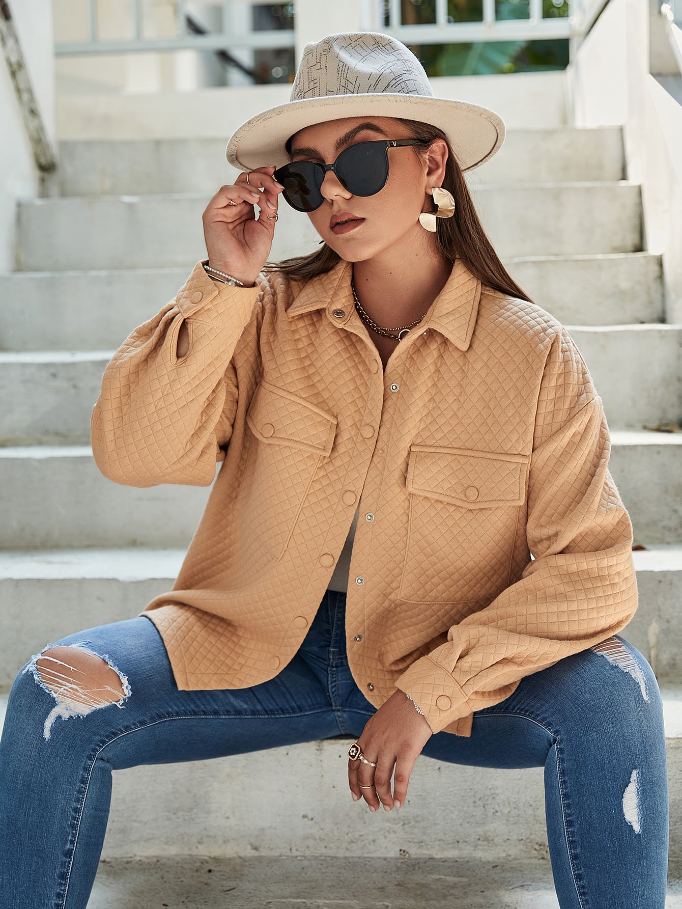 Plus Size Quilted Snap Front Shirt Jacket