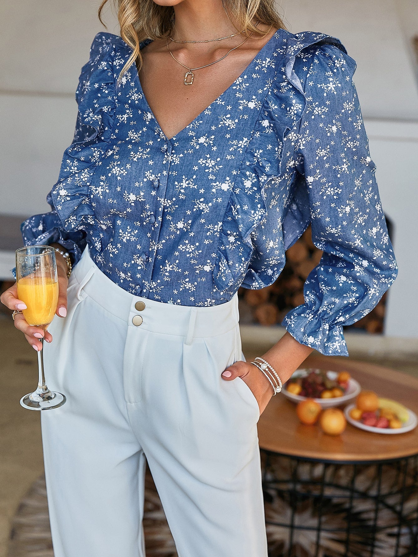 Floral Ruffled Button Down Puff Sleeve Blouse